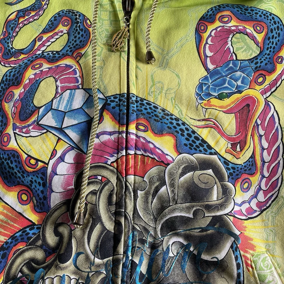 Sudadera con Capucha Y2K Christian Audigier Los Ángeles Calavera Serpiente Piedrada Cremallera Completa Talla XL Foto 2 de 4