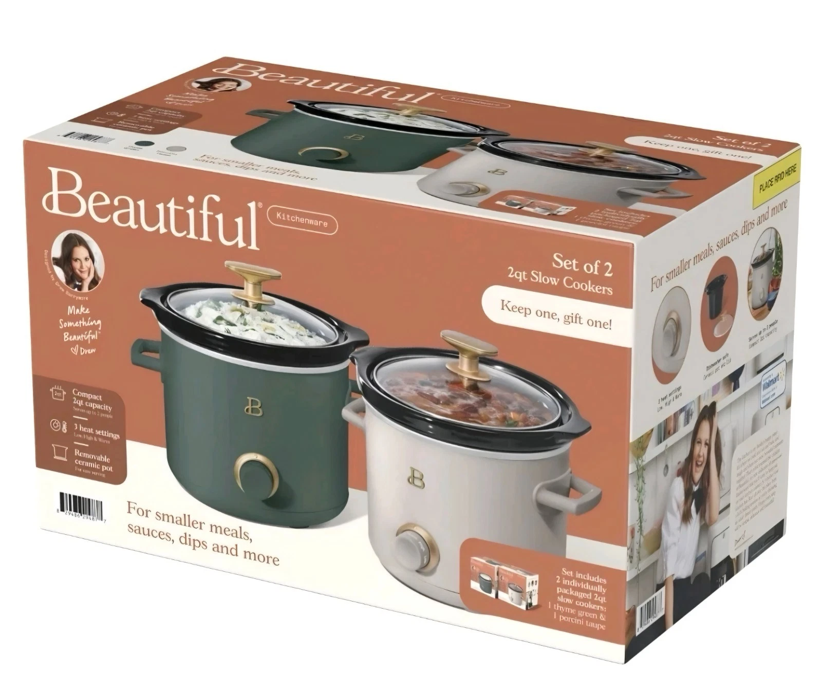 NEW Lot Of (2) Drew Barrymore Beautiful 2 Qt Slow Cookers-Porcini Taupe & Thyme