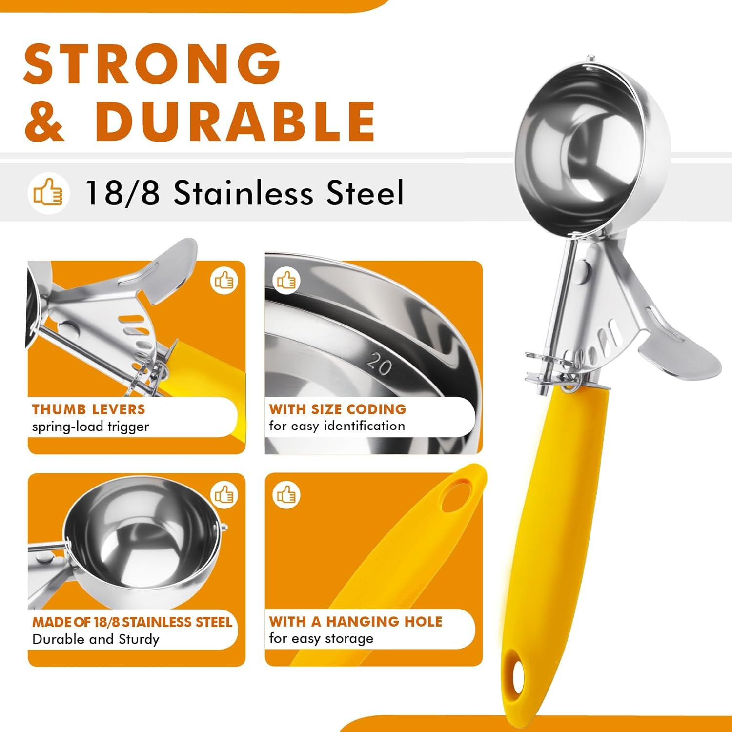 Portion Scoop, #20/2 OZ Ice Cream Scooper, Muffin Scoop, Disher, Yellow Handle, 