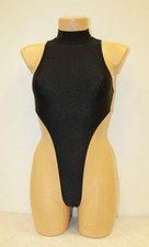 Women Thong Leotard 204-10 High Collar Open Thig Black Spandex Size L