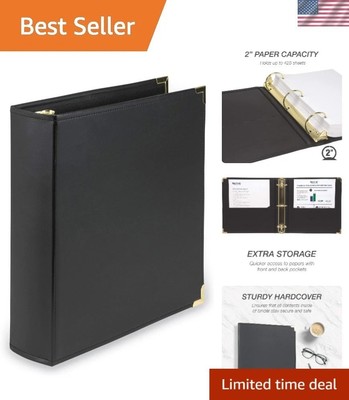 Black Leather 3 Ring Binder, 2 Inch Brass Rings