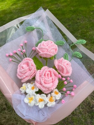 Beautifully wrapped crochet pink roses bouquet for mothers day, graduation