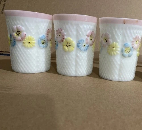 Monroe Milk Glass Tumbler Pairpoint Flower Pink Band Waffle 66439 Milk-Set Of 3