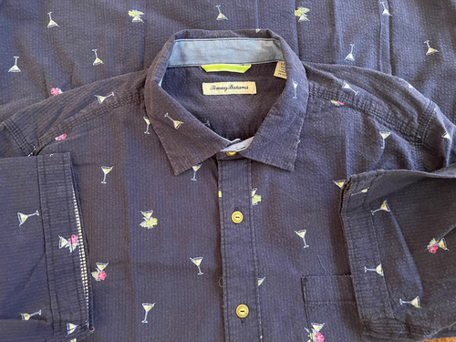 TOMMY BAHAMA NAVY BLU S/S SEERSUCKER HAWAIIAN PRINT COT/TENCEL SPORT SHIRT LT/GL - Picture 3 of 4