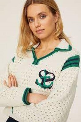 SANDRO NICOLAS POLO CROP WOOL SWEATER HAND KNIT CREAM NAVY GREEN ANCHOR MEDIUM