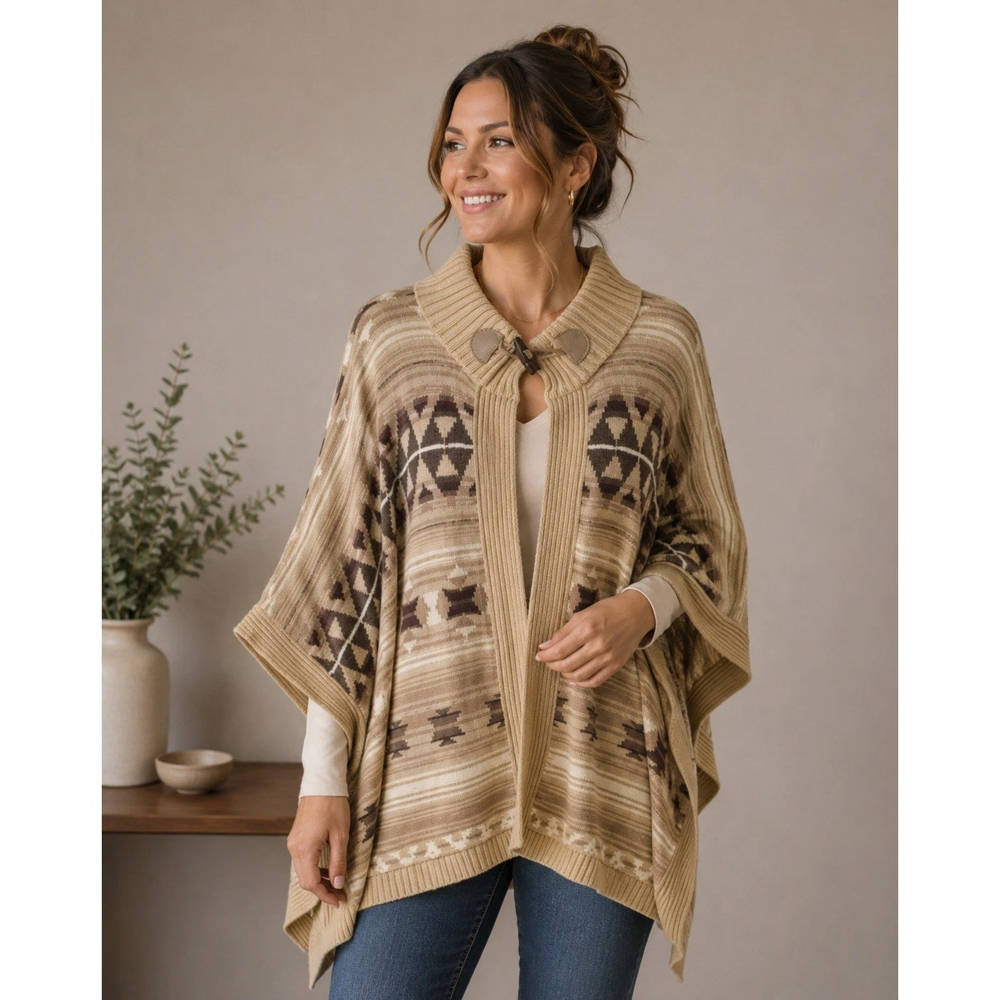 Lauren Jeans Co Ralph Lauren Poncho Women S/M Tan Aztec Southwestern Knit Wrap