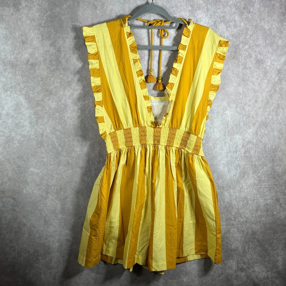 Anthropologie Plenty Tracy Reese Romper Womens Medium Yellow Striped Ruffle NEW - Image 4 of 4
