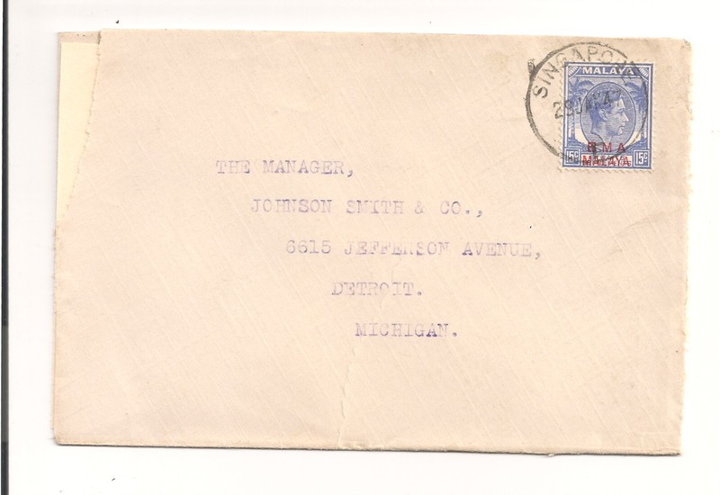 0587 BRITISH MILITARY AUTHORITY o/p Malaya/ Straits Settlements Scott 265 Singap
