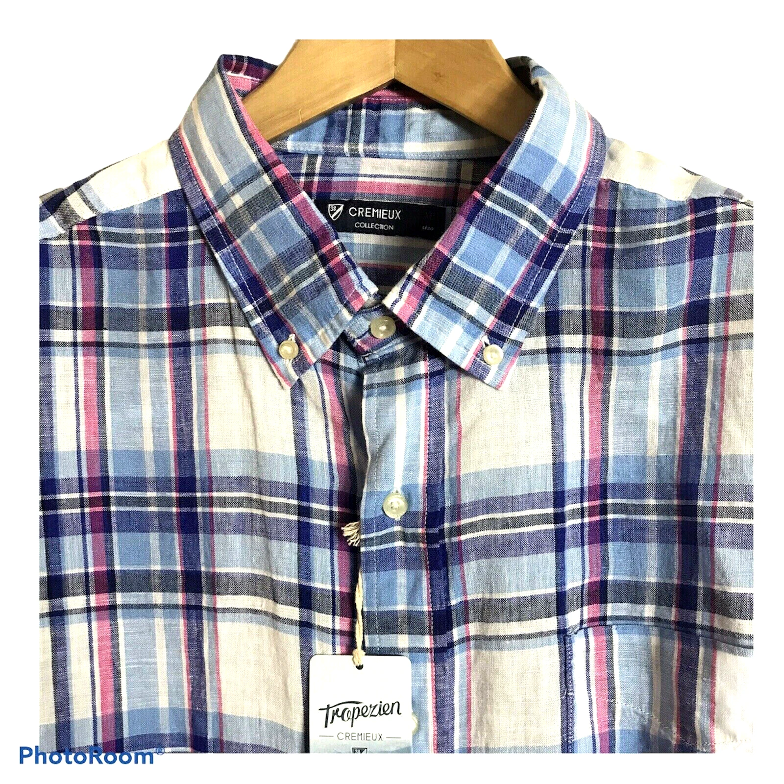 CREMIEUX Shirt Mens Size XL Long Sleeve Linen Pink Blue Plaid Button Up $89.50
