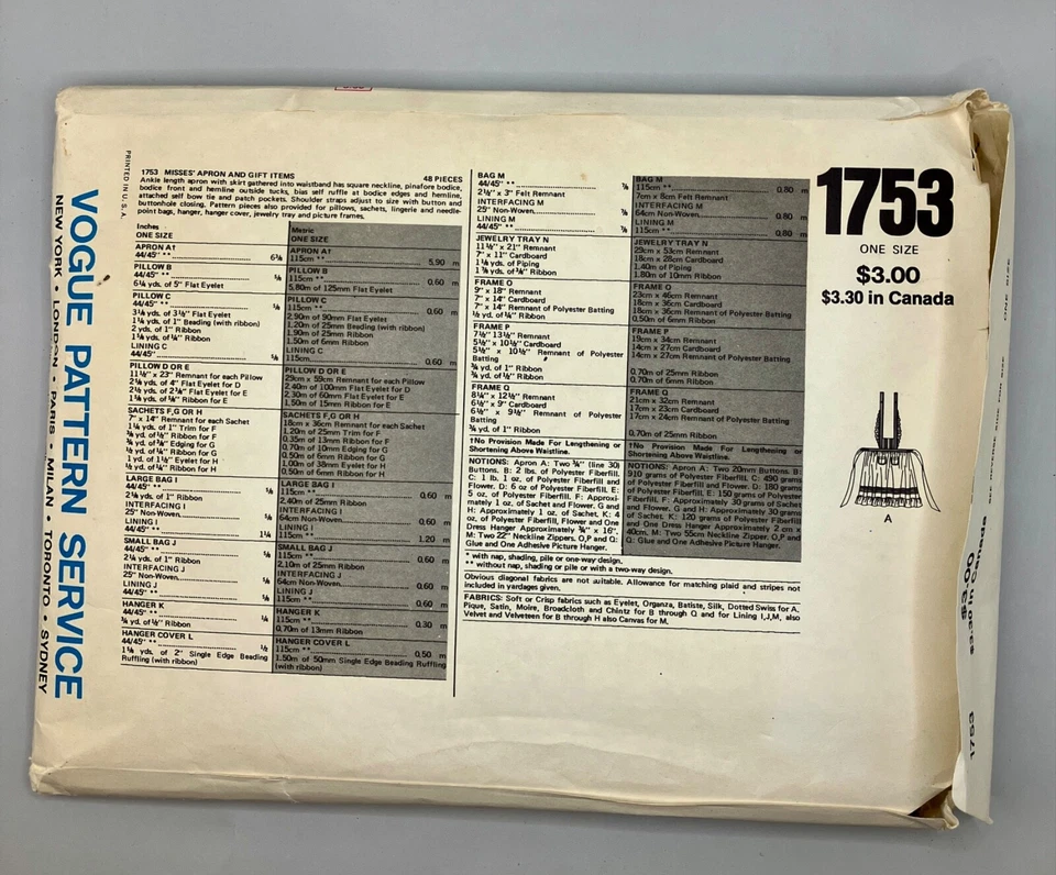 Vintage Vogue Patterns 1753 Misses Apron and Gift Items UNCUT - Image 3 of 4