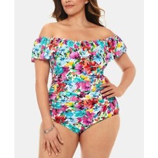 Swim Solutions Floral One Piece Ruched Off-Shoulder Swimsuit Size 18