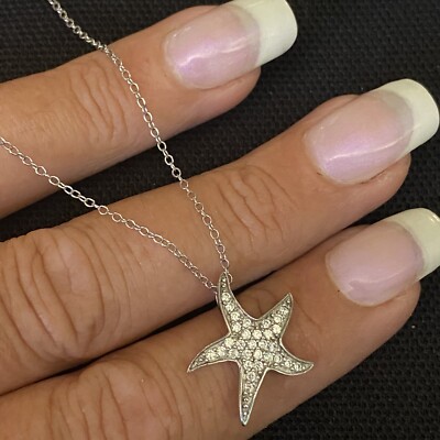 BEAUTIFUL ESTATE STERLING SILVER & WHITE STONE STARFISH NECKLACE 16 -18  LONG