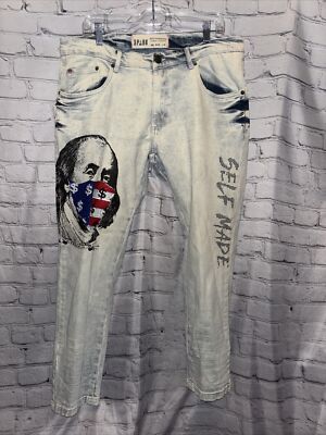 Men’s Spark Premium Denim Rhinestone Ben Franklin “Self Made” Size  38x30
