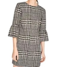 Zara Women's Black & White Houndstooth Dress Bell Sleeves size Small