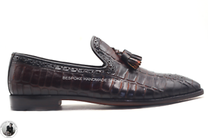 Fait Main Homme Bordeaux Marron Crocodile Cuir Slip Ons Mocassin Chaussures