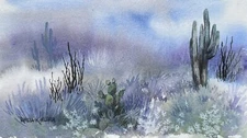 Pamela Wilhelm 9.5”x5.25” original watercolor blue desert Cactus Sagebrush