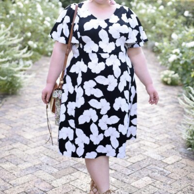 Catherines Black White Floral Textured Knit Flare Flutter Sleeve Dress 4X