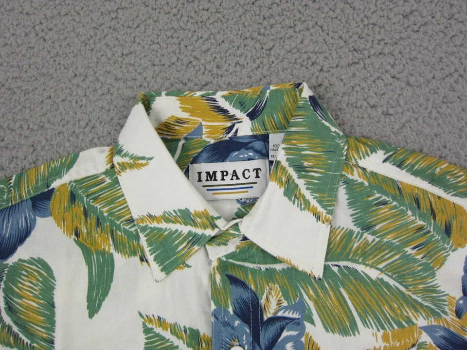 Vintage Impact Shirt Mens Small Green White Floral Tropical Hawaiian Palms 90s - Image 3 of 4