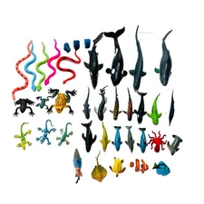 Lot of 37 Ocean Animal/Reptile Figures Sharks Orca Dolphins Snakes Frog Ray Toys