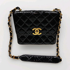 Vintage CHANEL Jumbo Square Flap Bag Black Patent Leather 24k Gold Hardware 2-Se