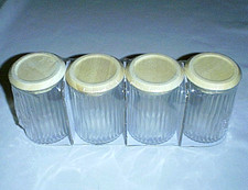 NEW 4 Clear Ribbed Glass Jars with Wood Lids- Cosmetics /Pills /Kitchen Spices