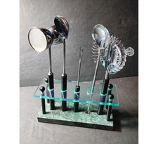 VTG Rare Bar Tool Set Cocktail Strainer Fork Jigger Green Marble Acrylic Stand