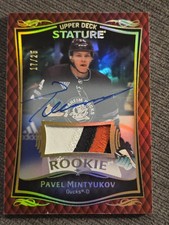 2024-25 UD Stature Pavel Mintyukov 2023-24 Update Rookie Patch Auto Red /25 (RC)