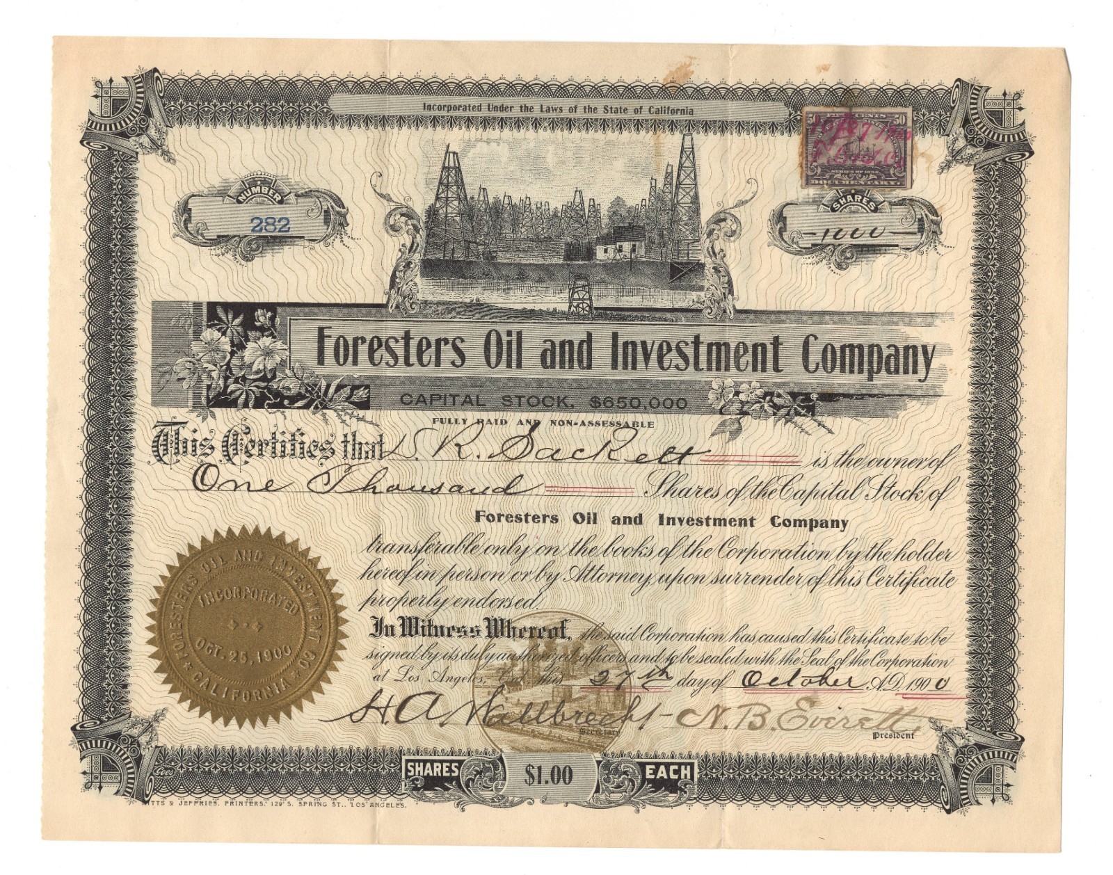 Foresters Oil &Amp; Investment Co 1900 California Stock Certificate Sign N B Everett