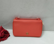 Tory Burch Poppy Coral Leather Double Handles Credit Card  Clutch Pouch Wallet