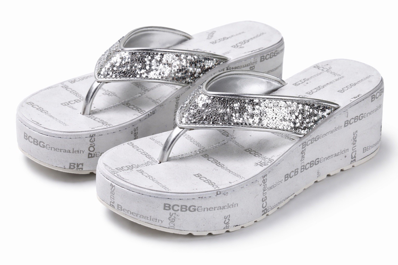 Silver Sequin Platform Flip Flops Chunky Glam Y2K… - image 1