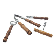 Vintage Bar Accessories Set of 4 Wood Handle Corkscrew Nut Cracker Bottle Opene