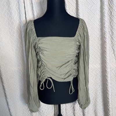 Hyfve Women s Olive Green Large Sleeved Blouse With Rousing, Adjustable Strings
