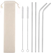 Set of 4 Reusable Metal Straws, Long Stainless Steel Straw with Cleaning Brus...