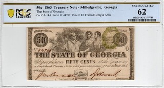 GA CR 14A 1863 $0.50 Georgia Paper Money PCGS B Uncirculated 62