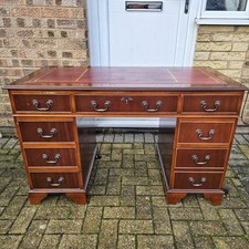 Red Leather Top Vintage Mahogany Captains Desk - FREE UK DELIVERY 🚛