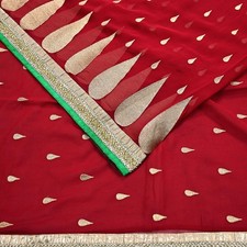 Indian Vintage Heavy Sari Red Pure Georgette Silk Hand Embroidered Sarees Fabric
