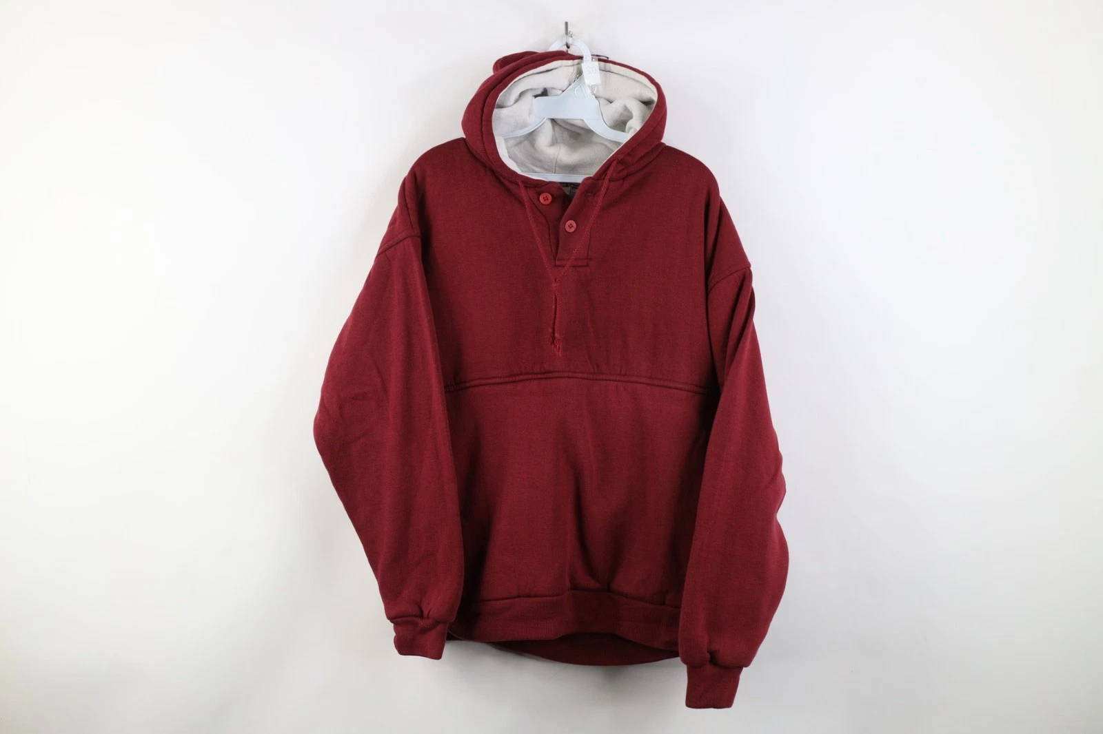 Vtg 90s Streetwear Mens Large Fade Blank Thermal Waffle Knit Lined Hoodie Red