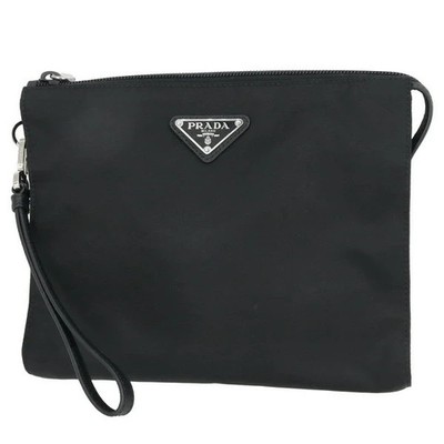 PRADA Pouch ReNylon Nylon Saffiano leather Black Clutch Bag Women Men