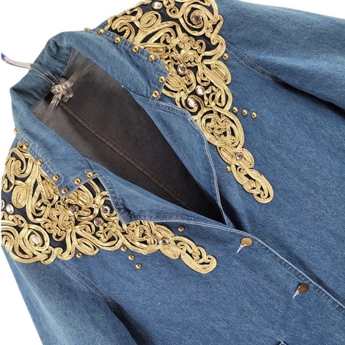 Mass Vintage 80s Denim Duster Coat Rhinestone Studded Ribbon Blue Western
