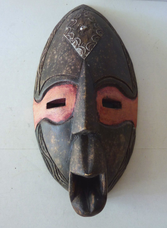 Handcrafted Ghana African Tribal Mask Wood & Metal Wall Art Vintage Decor