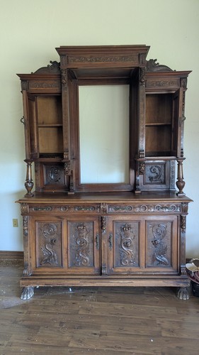 17th Century Vintage Antique Hand Carved Wood Buffet Cabinet And Hutch