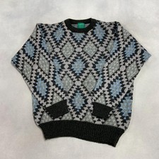 Vintage Abstract Knitted Jumper Patterned Grandad Knit Sweater Men's L