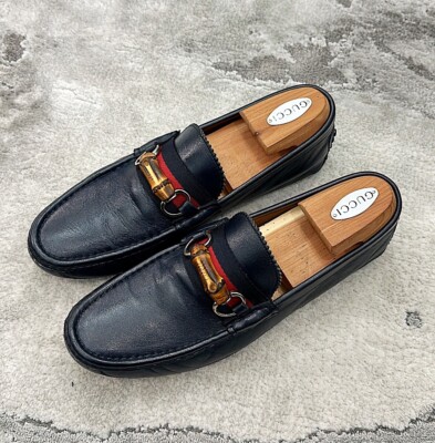 Authentic Gucci Web Bamboo Horsebit Navy Blue Leather Men Loafer