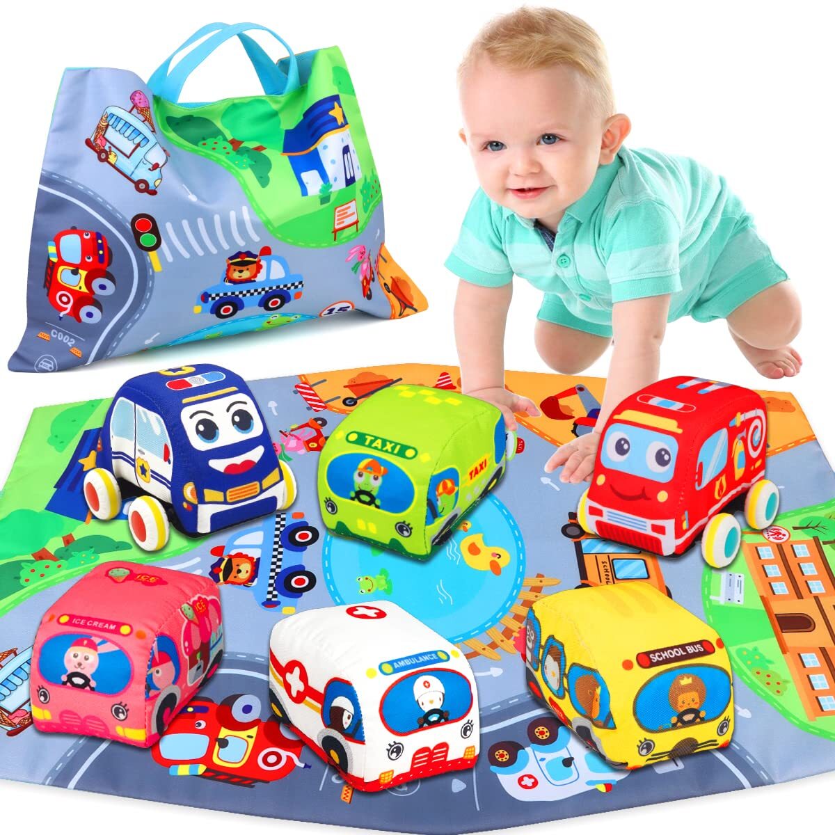 Baby Toys 6 to 12 Months - Soft Car Toys for 1 Year Old Boy Girl with Playmat...