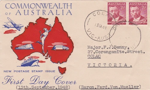 AFD5404) Australia 1948 2½d Von Mueller pair on Wide World FDC. Addressed.