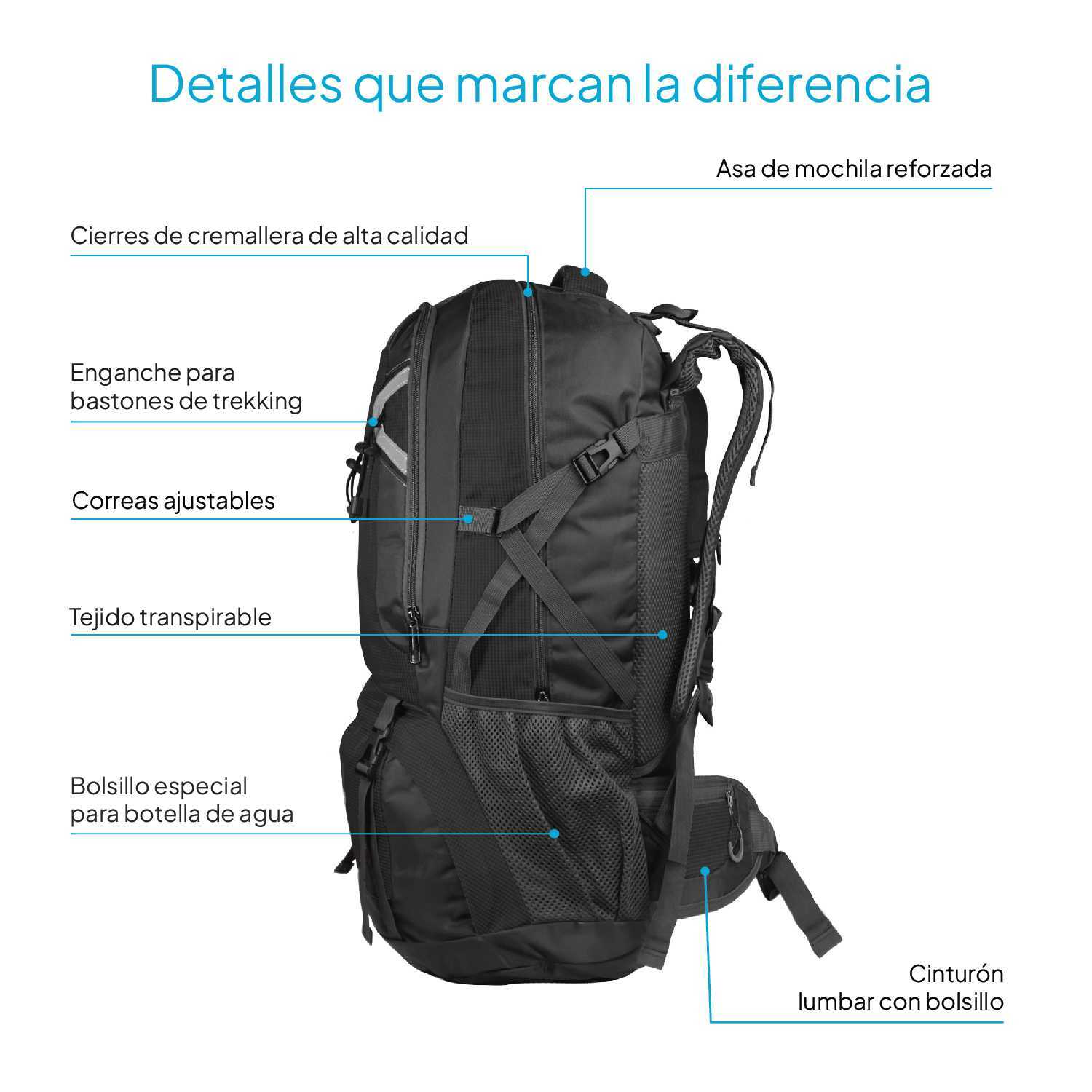 Sac à dos d'escalade imperméable 60L en nylon noir avec dos ventilé antichoc