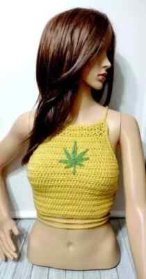 crochet womans handmade pot leaf top 420 cannabis festival S/M/L yellow new