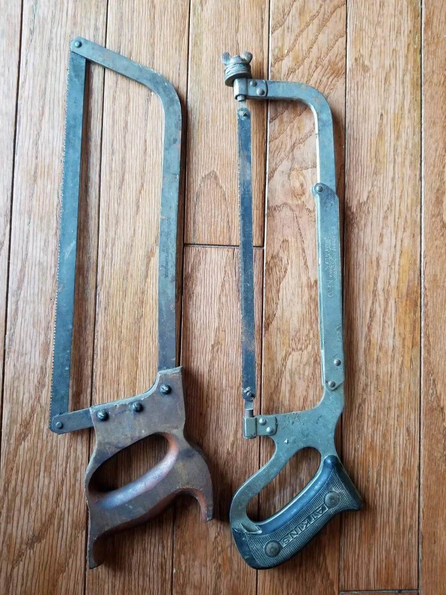 Two 2 Vintage E C Atkins Manual Hack Saw Wood Plastic Handle Butcher Blade USA