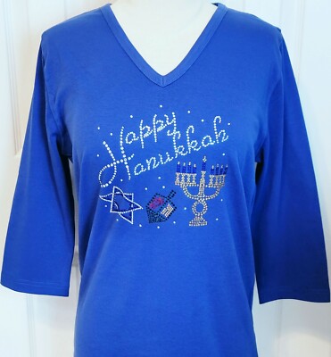 Plus 1X 2X 3X Top Rhinestone Bling Happy Hanukkah Dreidel Menorah Star of David
