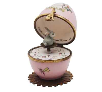 Plays Music French Limoges Trinket Box Easter Bunny Rabbit Pink Egg w Bunny Key